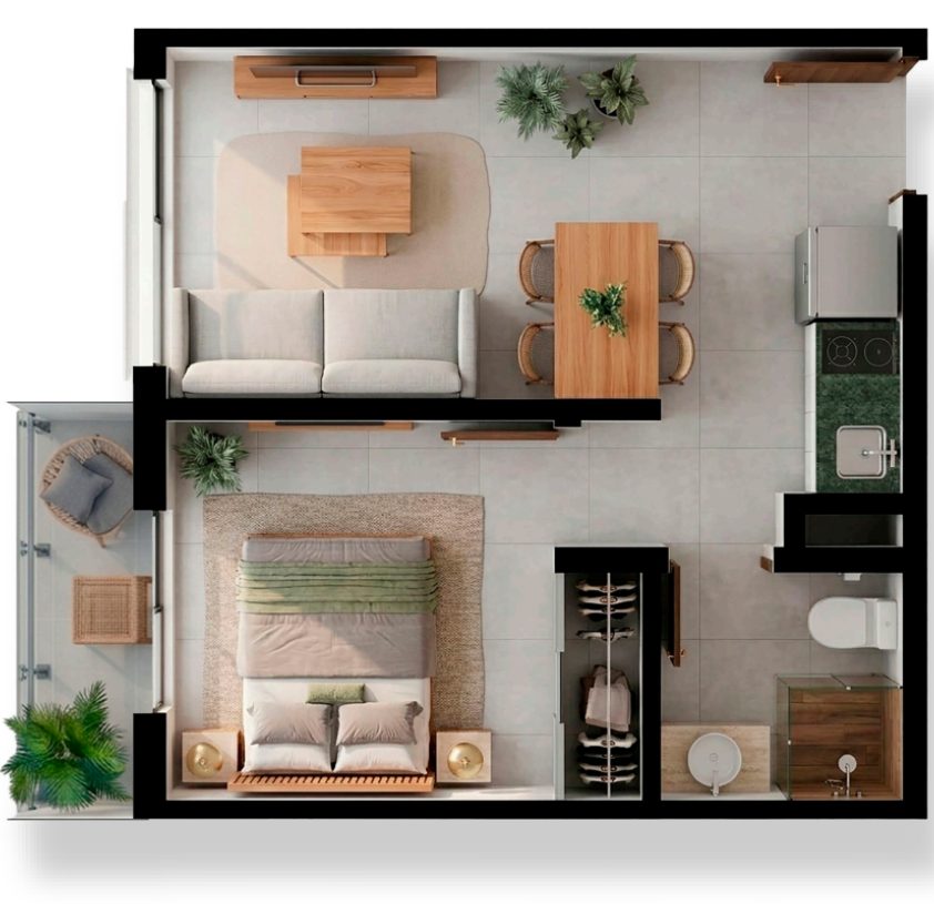 Render 1 dormitorio Paseo Rosario